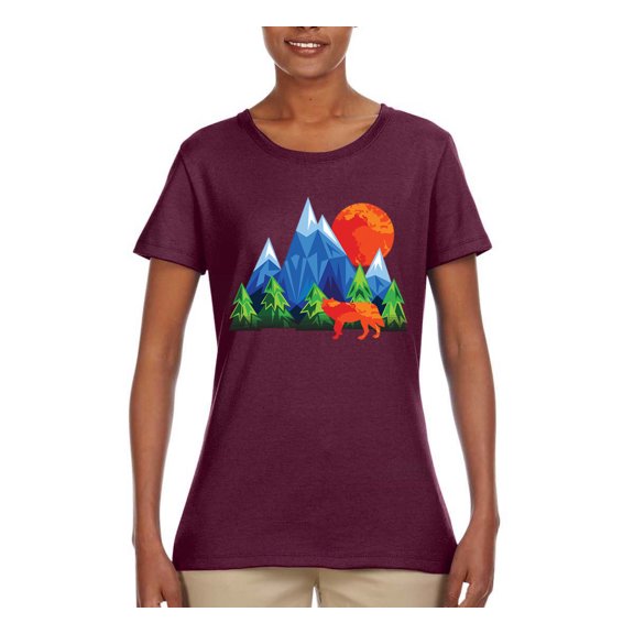 Neon Colorful California Bear Sunset Cali Redwoods | Womens Fashion Graphic T-Shirt, Maroon, X-Large