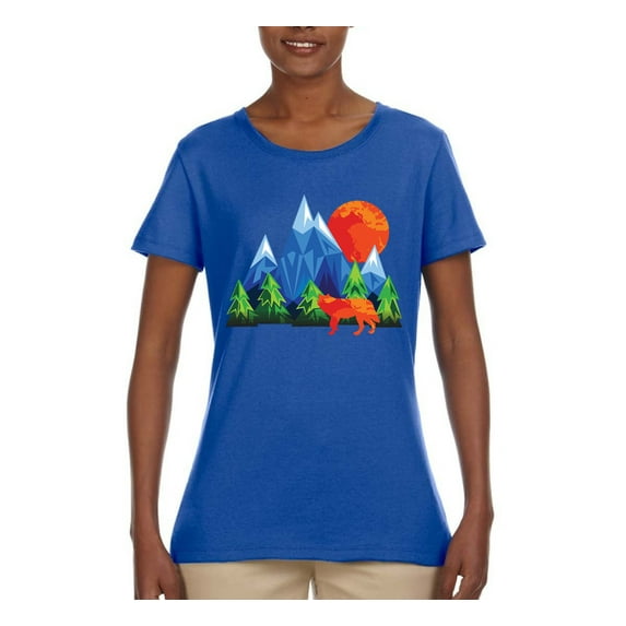 Neon Colorful California Bear Sunset Cali Redwoods | Womens Fashion Graphic T-Shirt, Royal, X-Large