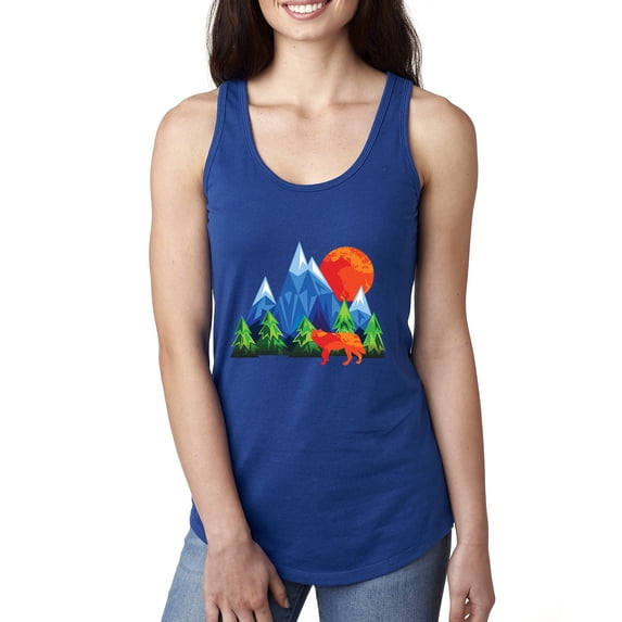 Neon Colorful California Bear Sunset Cali Redwoods | Womens Fashion Jersey Racerback Tank Top, Royal, Medium