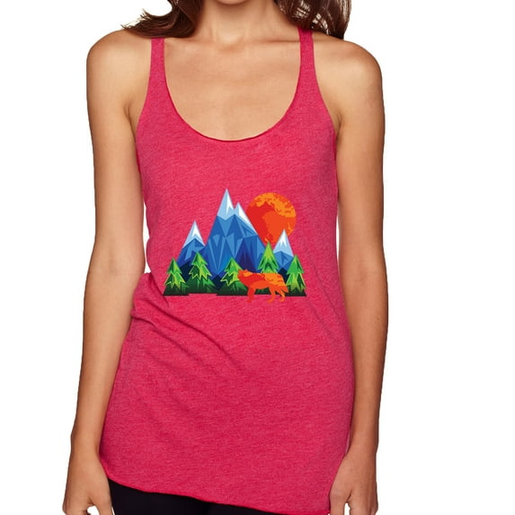Neon Colorful California Bear Sunset Cali Redwoods | Womens Fashion Premium Tri-Blend Racerback Tank Top, Shocking Pink, Medium