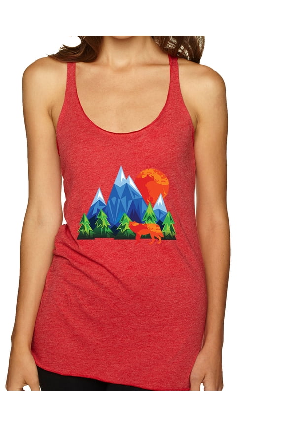 Neon Colorful California Bear Sunset Cali Redwoods | Womens Fashion Premium Tri-Blend Racerback Tank Top, Vintage Red, Large