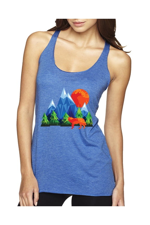 Neon Colorful California Bear Sunset Cali Redwoods | Womens Fashion Premium Tri-Blend Racerback Tank Top, Vintage Royal, Medium