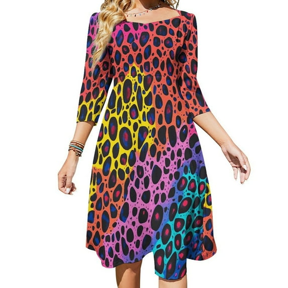 Neon Colorful Cheetah Print Sweetheart Knot Flared Dress Fashion Design Large Size Loose Dress Spring Summer Women Dress