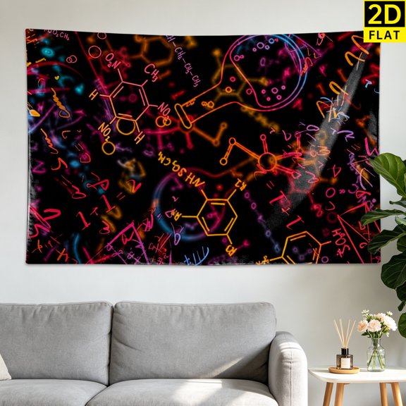 Neon Colorful Chemical Formulas Science Aesthetic Wall tapestry, Large size Printed Horizontal Tapestry blanket, Polyester Fabric Wall Hanging for living room, study room, Gift for Family and Friends