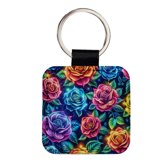 Neon Colorful Rose Floral Pattern Faux Leather Square Keychain