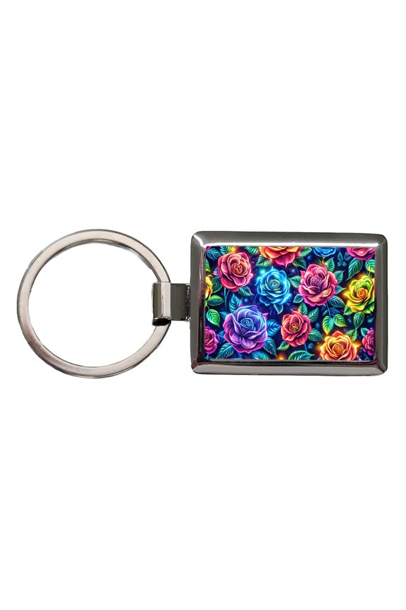Neon Colorful Rose Floral Pattern Metal Rectangle Keychain