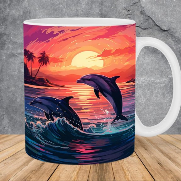Neon Colors Dolphins Ocean Sun Mug Wrap oz & oz Mug Template, Mug Mug Wrap Template Instant Digital .