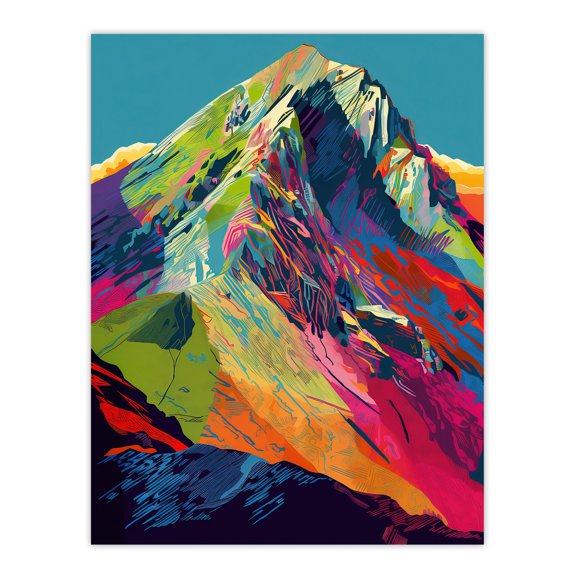 Neon Colour Mountain Summit Psychedelic Artwork Vibrant Abstract Alpine Landscape Extra Large XL Wall Art Poster Print