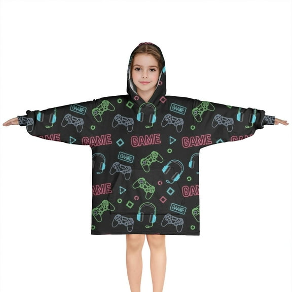 Neon Controllers Games Icons Black Pattern Blanket Hoodies for Kids 6-13YR Oversize Wearable Blanket Hoodies for Boys Girls Teens