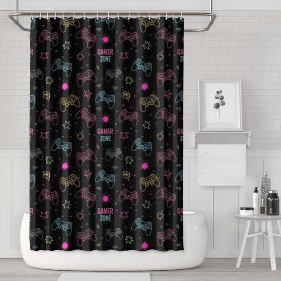 Neon Controllers Games Icons Black Pattern Shower Curtain 72"x72" ,Bathroom Decorative Shower Curtains Set with 12 Hooks,Modern Waterproof Washable Shower Curtain