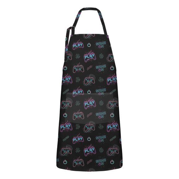 Neon Controllers Games Symbols Black Apron-Garden Aprons for Women with Pockets-Cotton Linen Waterproof Kitchen Cooking Gardening Aprons Adjustable for Kitchen,Cooking,BBQ and Salon 33x27 Inch