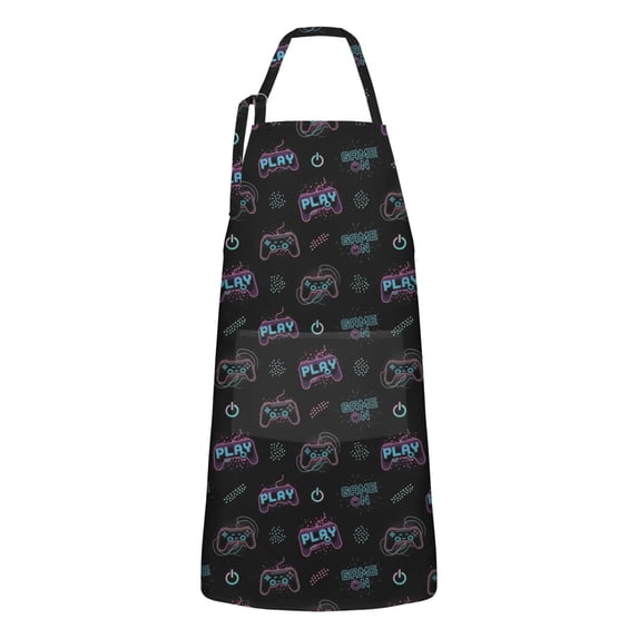Neon Controllers Games Symbols Black Apron-Garden Aprons for Women with Pockets-Cotton Linen Waterproof Kitchen Cooking Gardening Aprons Adjustable for Kitchen,Cooking,BBQ and Salon 33x27 Inch