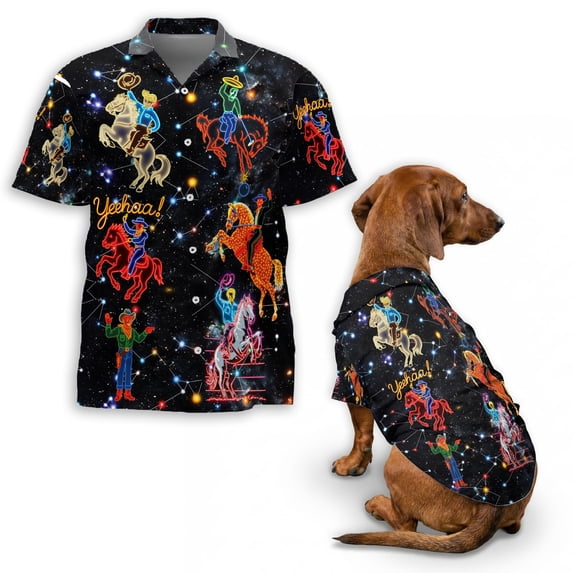 Neon Rodeo Shirt Design Neon Cowboy Hawaiian Shirt for Men and Dogs, Retro Rodeo Cowboy Riding ...