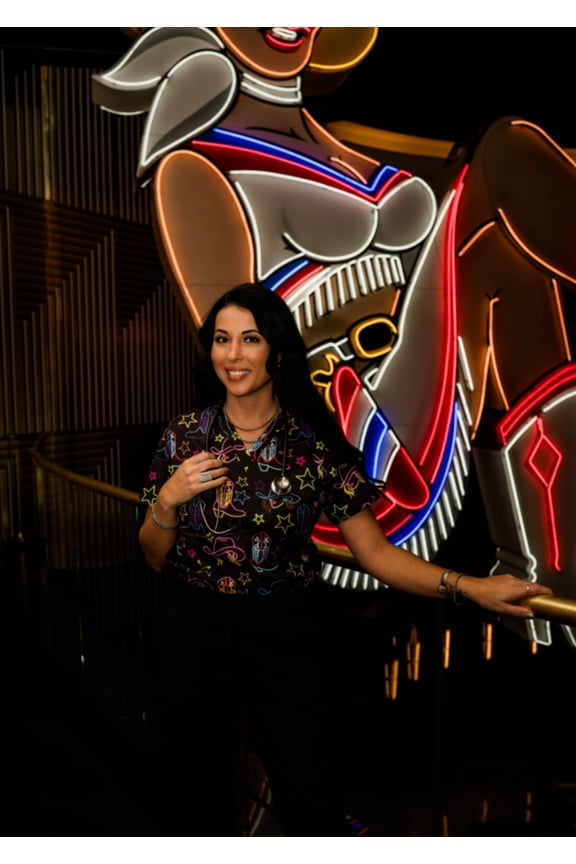 Women's scrub top, Western, Workwear, Uniform, Scrub Sets, Spurrin' Scrubs-Neon Cowgirl Scrub Top