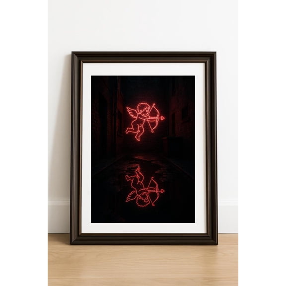 Neon Cupid Wall Art | Valentine's Day Neon Sign Print | Cyberpunk Love Poster | Romantic Alley Cityscape Decor, Unframed Paper Poster 8x10in