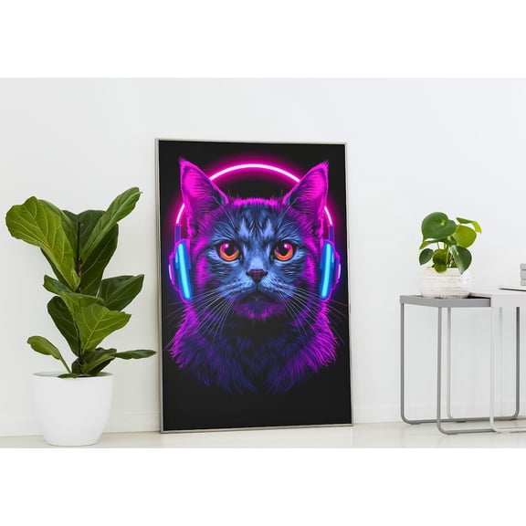 Neon Cyberpunk Cat Poster: Dj With Headphones, Stretched Canvas Size 8x12