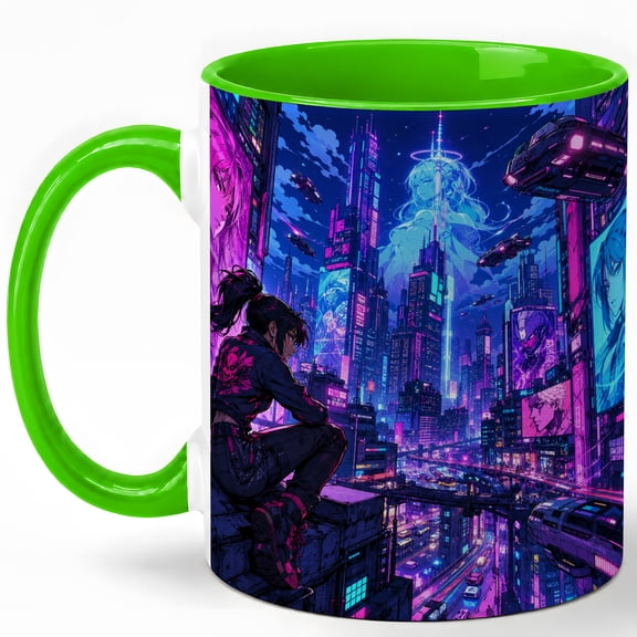 Neon Cyberpunk City Coffee Mug, Futuristic Anime Mug, Sci Fi Gamer Birthday Christmas Gift, Purple Blue Skyline Flying Cars Cityscape Art, 11 oz White Ceramic Coffee Cup for Tea
