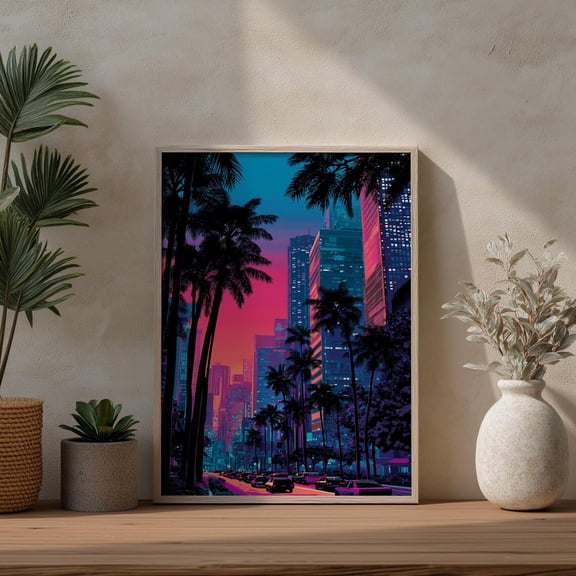 Neon Cyberpunk City Print, Retro Vaporwave Palm Tree Art Home Decor #3283, 8x12 UNFRAMED