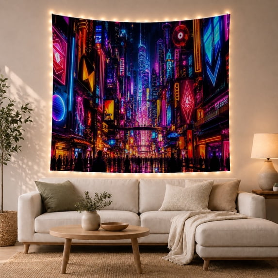 Neon Cyberpunk City Street at Night Energetic Retro Art for Cityscape Fans Urban Wall Decor Housewarming Gift Tapestry Wall Hanging for Bedroom, Living Room and Dorm