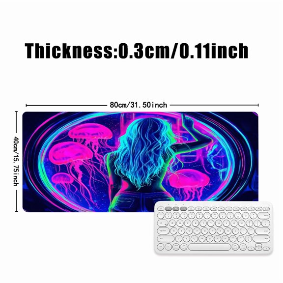 Neon Jellyfish Girl Mouse Pad 31.5 x 11.82 inches Rubber Desk Mat for Office and Gaming