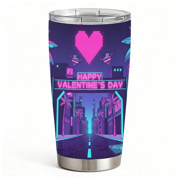Neon Cyberpunk Valentine’s Day Tumbler with Lid, Stainless Steel Insulated Travel Cup, Retro Gamer Gift