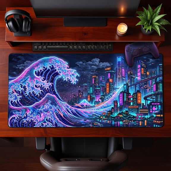 Neon Cyberpunk Wave City Desk Mat Futuristic Tokyo Japanese Hokusai Art Gaming, 80 x 30 cm