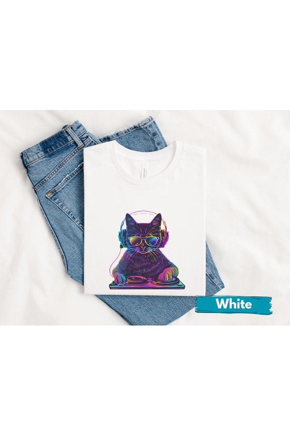 Neon DJ Cat Graphic T-Shirt, Electronic Music DJ Cat Design Shirt for Cat Lovers, Rave Party Music Animal Art Tee, Unisex Cotton T-Shirt, Size S-5XL