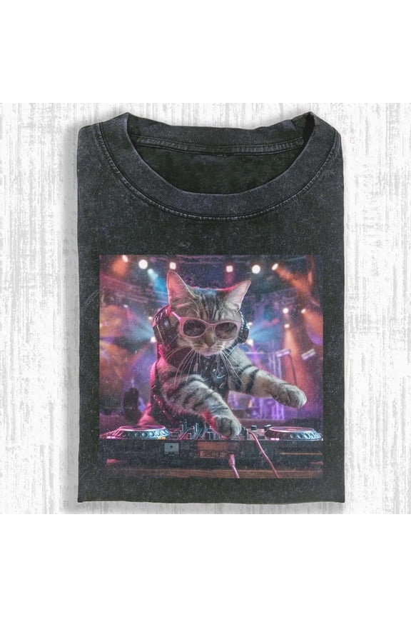 Neon DJ Cat Party Graphic T-Shirt, Rave Music Festival Cat Wearing Sunglasses Playing Turntable Design Shirt, Comfort Colors Unisex Cotton T-Shirt, Size S-3XL