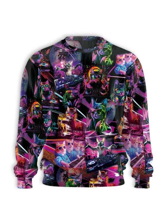 Neon DJ Cat Sweatshirt, Colorful Disco Crewneck, Rave Music Lover Pullover, Funny Cat Party Gift, Retro Streetwear