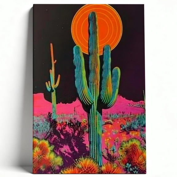 Neon Desert Night Saguaro Cactus Canvas Wall Art, Surreal Retro-Futuristic Southwest Landscape, Framed Psychedelic Desert Sun Print for Modern Living Room & Studio 8*12inch(20*30cm)