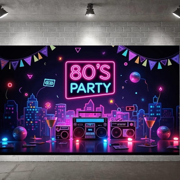 Neon Design 80s Party Banner Retro Elements Music Player Disco Ball Lights for Theme Party Celebration Indoor Event Decoration