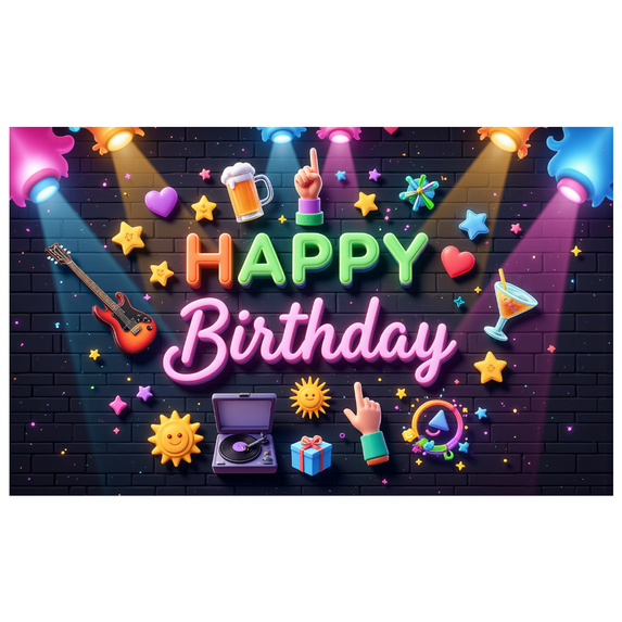 Neon Design Birthday Party Banner Guitar Music Event Banner for Birthday Celebration Party Decoration Photo Background