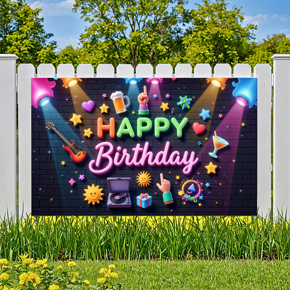 Neon Design Birthday Party Banner Guitar Music Event Banner for Birthday Celebration Party Decoration Photo Background