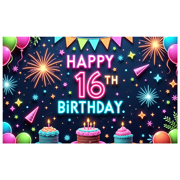 Neon Design Happy Birthday Banner Colorful Party Background Decorative Fireworks Birthday Decor for Sweet 16 Celebration Indoor Party Event