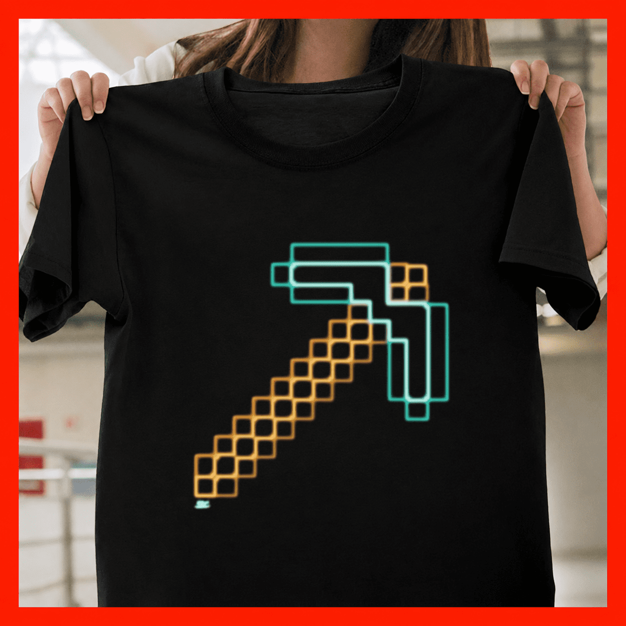 Neon Diamond Pickaxe Pixel Mining Block Video Game Sandbox Art Unisex T ...