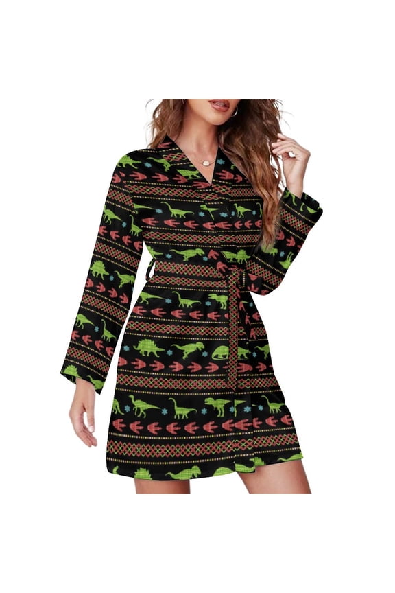 Neon Dinosaurs Pajama Robe Women Colorful Animal Pinrt Casual Nightgown Long Sleeves V Neck Pattern Pajamas Robes Kawaii Dresses
