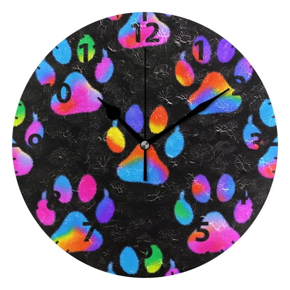 Neon Dog Paw Pattern Wall Clock 10in Round Artistic Oil Painting Home Decor Desk Table Clock