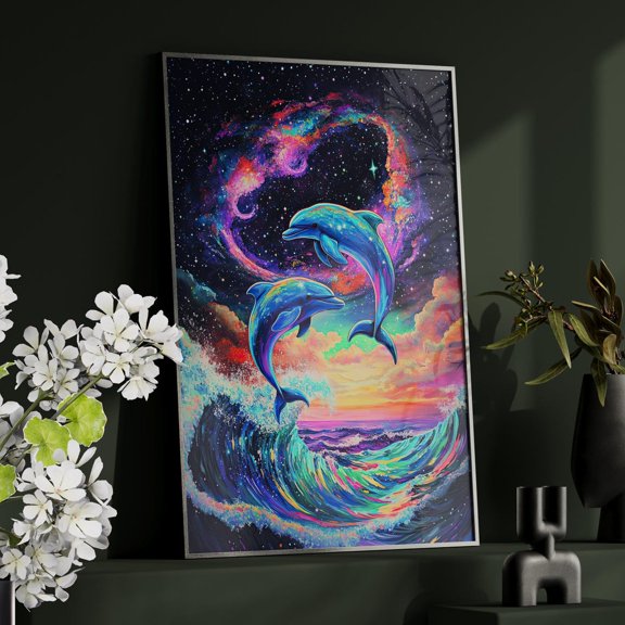 Neon Dolphins Leaping Galaxy Waves Mystical Sunset Starry Sky Colorful Surreal Magical Home Decor, Unframed Canvas