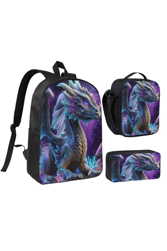 Neon Dragon Forest Backpack 17 Inch Set with Lunch Bag and CaseDurableTravel Bag Combo for Work Commuting Daily Use