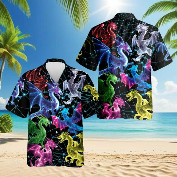 Neon Dragon Hawaiian Shirt for Men, Button Down Summer Beach Short Sleeve, Sizes S-5XL