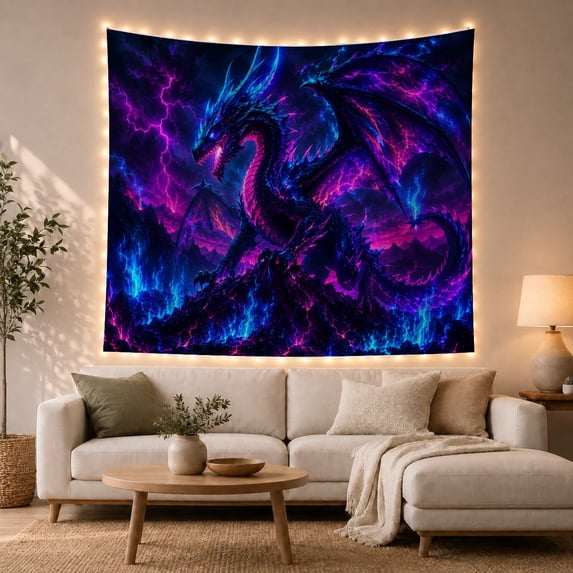 Neon Dragon on a Stormy Mountain Peak, Dramatic Fantasy Style for Dragon Lovers, Lightning Wall Art, Housewarming Gift, Tapestry Wall Hanging for Bedroom and Dorm