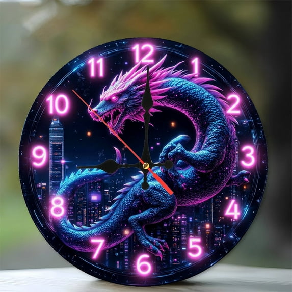 Neon Dragon Wall Clock for Modern Home Decor 10-Inch Silent Wooden Wall Clock, Battery Operated (AA Batteries Not Included), Artistic Home Decor
