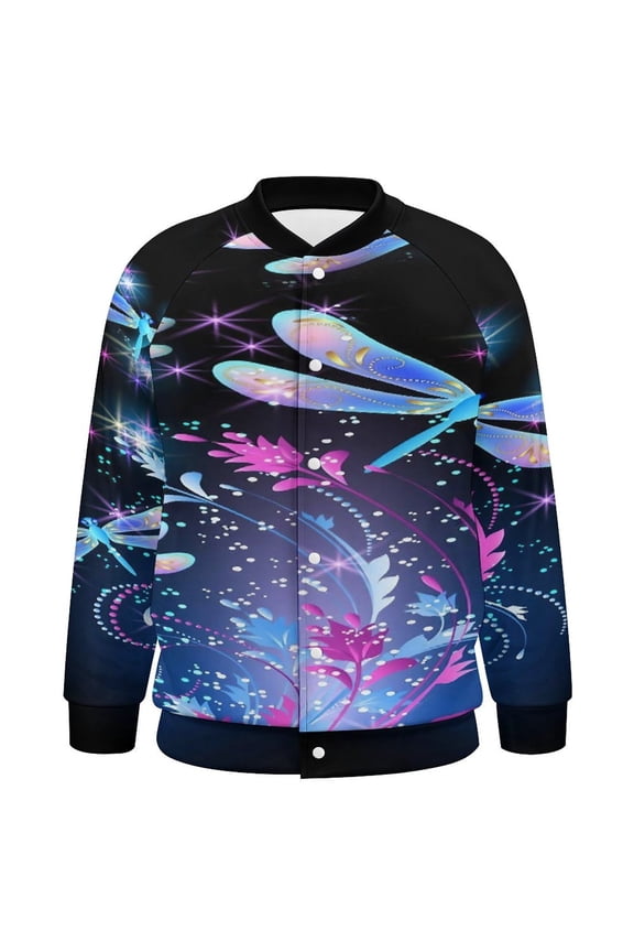 Neon Dragonfly with Golden Ornament And Rose with Shiny Smoke And Stars Baseball Jersey Fashion Ribbed Sleeve Man Women's Jacket Motion Tops XXS-6XL