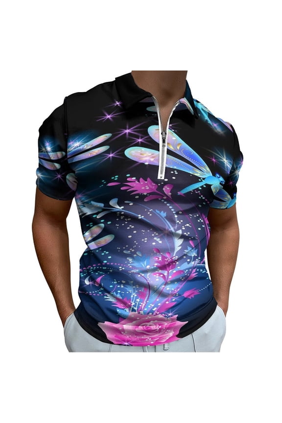 Neon Dragonfly with Golden Ornament And Rose with Shiny Smoke And Stars Men Zipper T-shirt Summer Casual Short Sleeve T-shirt Top