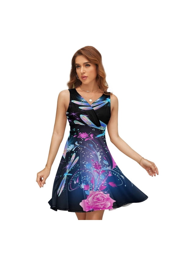 Neon Dragonfly with Golden Ornament And Rose with Shiny Smoke And Stars Sleeveless Dress Women Summer Evening Dresses Ladies Sundress