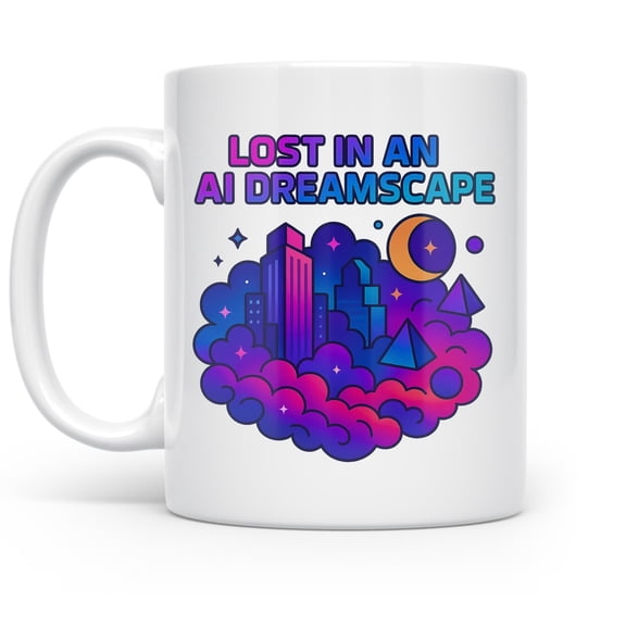 Neon Dream Escape 11 oz Coffee Mug - Surreal Art for Tech Lovers White Ceramic Gift