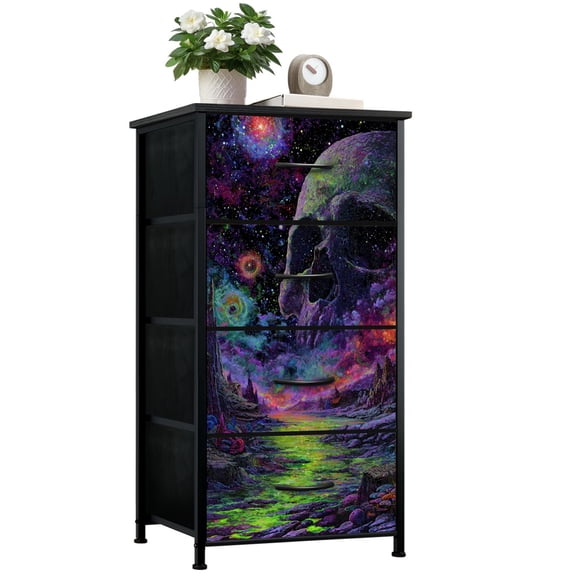 Neon Dresser for Bedroom with 4 Storage Drawers Mystical Terrain Cosmic Skull Glowing Liquid Light Dressers Chest of Drawers Steel Framed Fabric Closet Organizers for Dorm Gaming Room