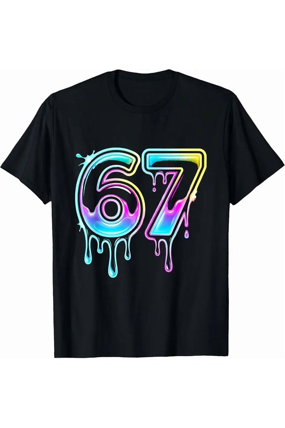 Neon Drip 67 Number Graphic for Men Women Short Sleeve Casual Tee