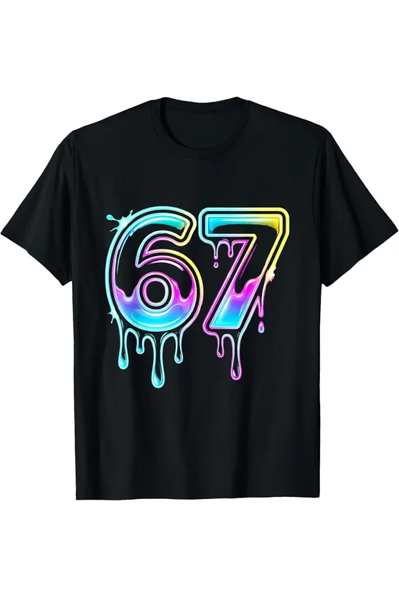 Neon Drip 67 Number Graphic for Men Women Short Sleeve Casual Tee