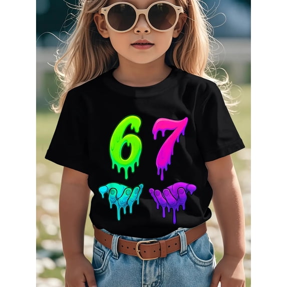Neon Dripping 67 Number Graphic T Shirt For Kids Funny Cool Style Birthday Gift Unisex Short Sleeve Cotton Tee